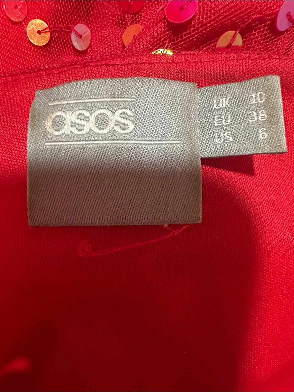 ASOS Red Sequin Midi Dress Size 6 Holiday Party Cocktail Wrap Style - Picture 2 of 10